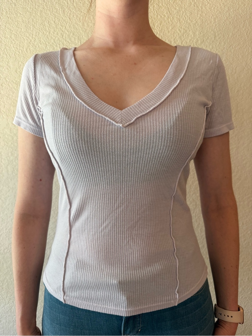 Project Social T Lavender Ribbed V-Neck Short Sleeve Top